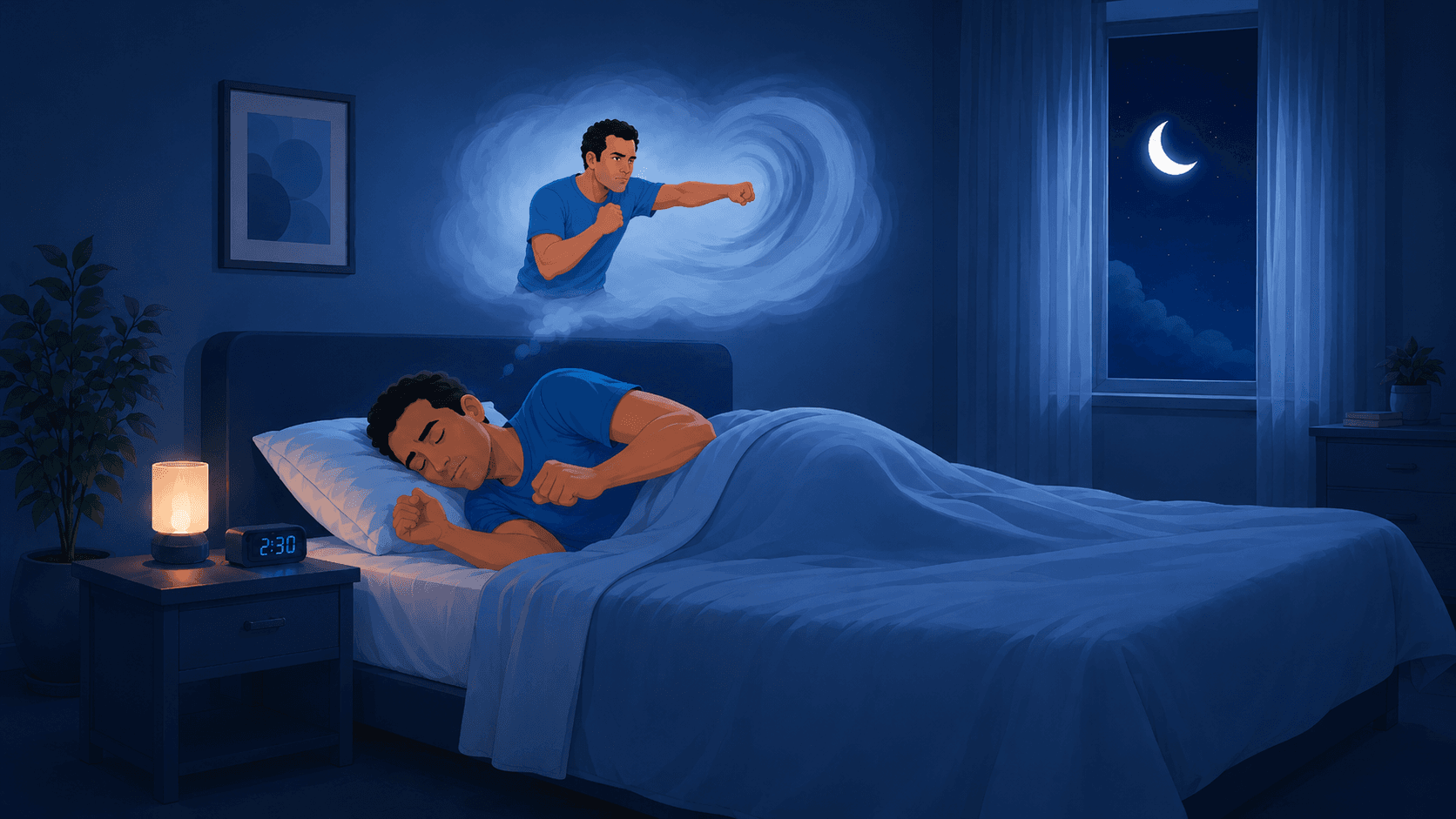 Illustration of REM sleep behavior disorder: a person sleeping in bed while acting out vivid dreams, showing the physical manifestation of RBD during sleep.